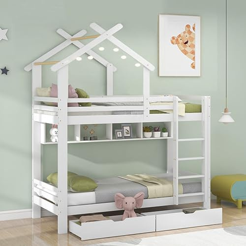 Ymkua Etagenbett Kinderbett 90x200 cm, Hochbett mit Rausfallschutz und Stauraum, Holzbett mit 2 Schubladen und Lagerregal, Baumhaus Bett Bettgestell mit Leiter und Lattenrost, Weiß, Ohne Matratze