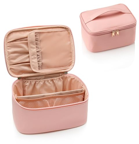 Sminkväska, bärbar kosmetisk väska, resemakeup fall arrangör stor kapacitet, svart för kvinnors toalettväska för flickor som reser med handtag och avdelare, ROSA, Resa