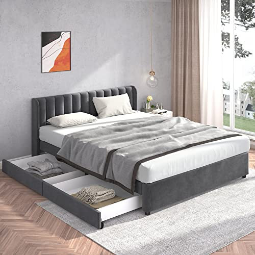 Ctastay Polsterbett Doppelbett 180x200 cm, Bett Jugendbett Stauraumbett mit 2 Stauraum Schubladen, Familienbett Gästebett mit Lattenrost, Samt, Grau (Ohne Matratze)