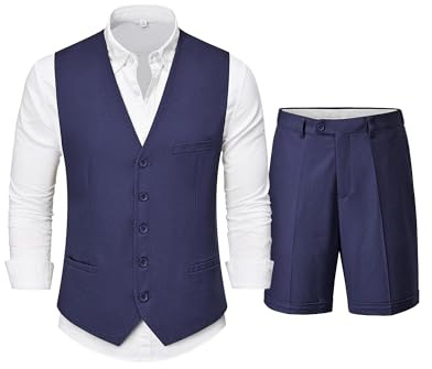 Hihawk Herren 2-teilige Leinenweste, Hose, leichte Weste, Shorts, lässig, Hochzeit, Strand, Sommer, Abschlussball, Heimkehr-Outfit, Dunkelblau, XL