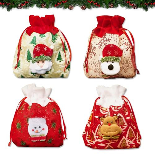HYran Weihnachten Geschenkbeutel - 4 Stück Geschenktüten, Süßigkeiten Tüten, Nikolaussäckchen Mit Kordelzug