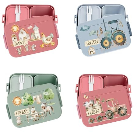wolga-kreativ personalisierte Mepal Brotdose mit Fächern und Bauernhof Traktor Pferd Motiv - Lunchbox Kinder, Jausenbox Kindergarten, Brotbüchse Schule, Versperdose Einschulung