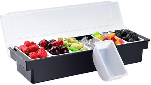 V·RESOURCING Ice Chilled Condiment Caddy with 6 Containers(16.9oz),Divided Serving with Ice Chamber,Ice Cooled Condiment Serving Container with Lid for Salar Bar,Fruit,Veggie,Candy,Snack,Sauce