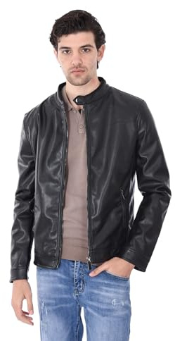 Ciabalù Giubbotto Pelle Uomo Sintetico Nero Chiodo Slim Fit Foderato Bomber con Zip e Taschino Interno Giacca Collo Coreana (IT, Testo, L, Regular, Regular, Nero)