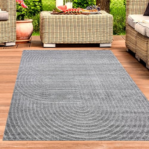 CARPETIA In- & Outdoor Teppich Boho-Muster Anthrazit Wetterfest 140x200 cm | Pflegeleicht, wetterbeständig, strapazierfähig und schadstofffrei, OEKO-TEX geprüft, für beheizte Böden & Außenbereiche