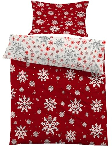 Linfye Kinderbettwäsche 100x135 cm Bettwäsche Set Weihnachts Schneeflocken Weich Bettbezug 2 Teilig mit Reißverschluss - Rot Graues Muster Kinder Bettbezüge 100 x 135 cm + 1 Kissenbezug 40x60 cm