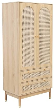 sweeek - Kleiderschrank, 2 Türen 2 Schubladen, Rohrgeflecht, Griffe und Füße in goldfarbener Ausführung, 80 x 50 x 180 cm - Judith | Judith