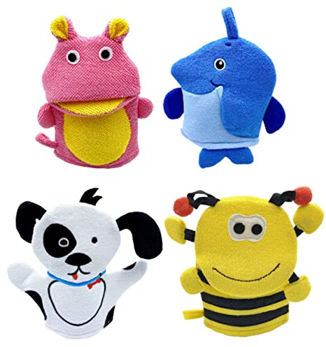 GARVALON 4 Stück-pack Badehandschuhe Für Kinder Mit Tiermotiven Aus Weichem Material Massage Und Peelingfunktion Badezubehör Für Dusche Und Bad