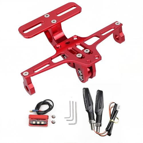 Support de Plaque d'immatriculation pour Motos avec éclairage LED Rotatif à Gauche et à Droite. Support de Plaque d'immatriculation réglable en Aluminium pour la Plupart des modèles de Moto (Rouge)