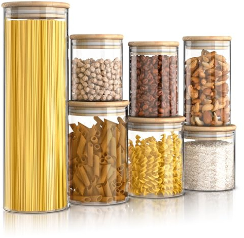Set di 7 Contenitori Ermetici per Alimenti in Vetro, da 8,5 x 10 cm a 10 x 30 cm, 0,56 a 2,35 litri , Brocca in vetro borosilicato per la conservazione, Coperchio in bambù, Guarnizione in silicone