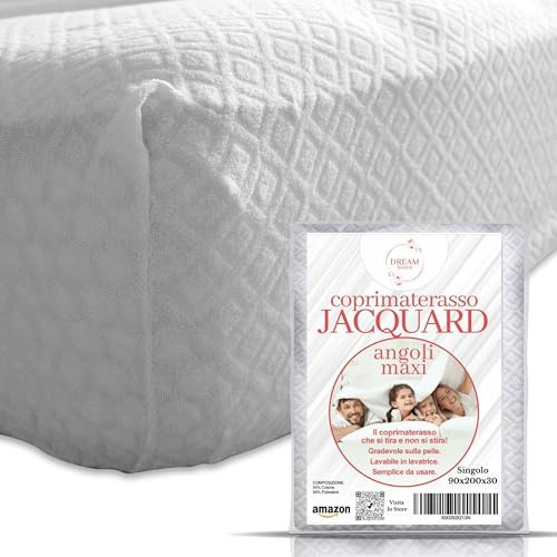 DREAM HAVEN Copri materasso in 3 Misure Matrimoniale, Singolo e Una Piazza e Mezza, Elastico e Traspirante in Spugna Jacquard con Angoli, Coprimaterasso Antiacaro (Singolo)