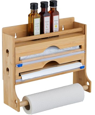 Relaxdays Distributeur Papier Aluminium et Film Alimentaire 3 en 1, Porte-Rouleaux Mural, Bambou, 30,5x36,5x12cm, Nature