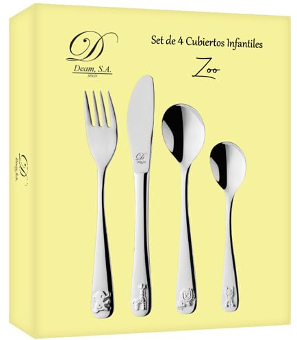 Estuche de 4 Cubiertos Infantiles con diseño de Zoo. Disponible Grabado Personalizado (09711)
