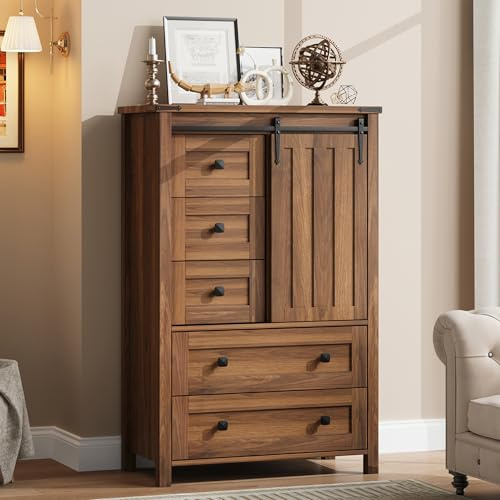 GarveeHome Farmhouse 5 Drawer Dresser for Bedroom, 48 Tall Wood Dressers Chest of Drawer with Sliding Barn Door, Adjustable Shelf, Storage Organizer for Bedroom, Hallway, Living Room, Kitchen, Walnut