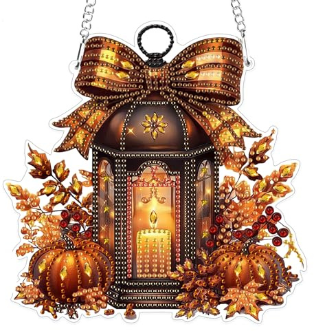 MOGTAA Herbst Diamond Painting Anhänger Kürbis, Halloween Diamond Painting Kinder Erwachsene, Kerzen Diamant Painting Fensterbilder Beidseitig, Hängende Ornament Bastelset Set für Wand Decor