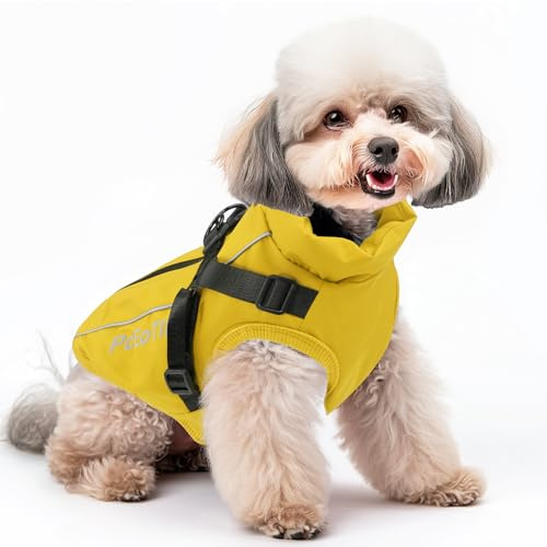 PcEoTllar wasserdichte Jacke mit Geschirr für kleine Hunde, Gelb L | Warme reflektierende Jacke mit Geschirr für Winter. Ski-Kostüm, Baumwolle, Hundepullover für kl
