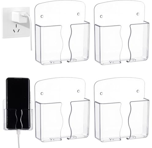 UNICRAFTALE 4Pcs Clear Wall Mounted Phone Holder with Charging Hole Smart Phone Station TV Remote Control Holder Adhesive Phones Stand Charger Remote Control Storage Box for Bedroom Kitchen Office