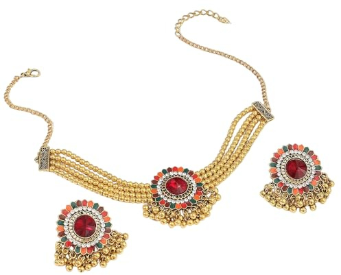 IMINI Traditional Indian Jewellery Set for Women, Gold Plated Choker Necklace & Stud Earrings, Red CZ Crystal Multicolor Enamel Flower with Beaded Tassels, Vintage Festival Gift