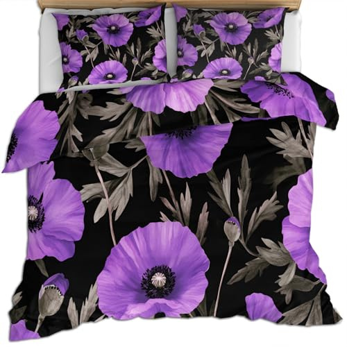 Flower Bed Set Double Girl Purple Poppy Girl Bedding Set Black Duvet Cover Leaves Comforter Covers Floral Quilt Cover & Pillowcase Soft Microfiber