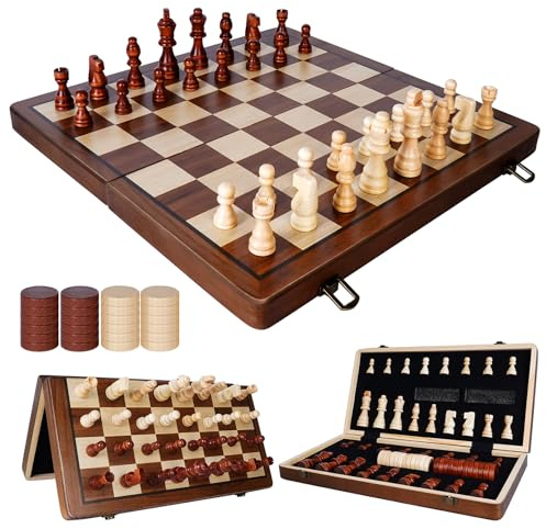 Echecs en Bois, échiquier - Jeu d'échecs Magnétique 2 en 1 avec Plateau Pliable pour Un Rangement Facile, Idéal pour Les Fêtes et événements Familiaux (39 x 39 cm)