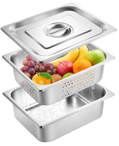 PORFOYO GN Behälter 1/2 Edelstahl Set, Gastronormbehälter mit Deckel & Lochblech, 32,5×26,5 cm, Gastro Behälter Stapelbar & Spülmaschinenfest