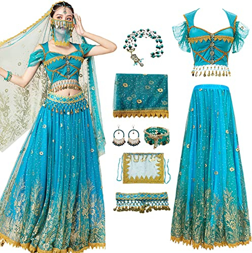 AYIMEIS Damen Jasmin Kostüm mit Zubehör Prinzessin Aladdin Kostüm Arabische Prinzessin Jasmin Verkleidung Bauchtanz Outfit Halloween Karneval Party Bühnenauftritt Cosplay für Erwachsene