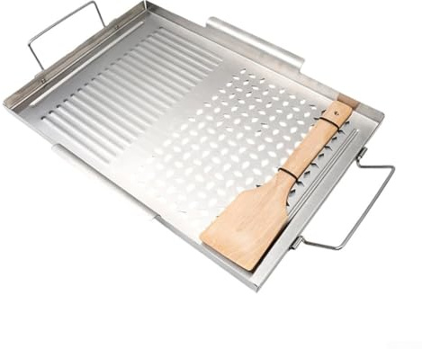 Pumixiy Placa de parrilla con asas, sartén grande de acero inoxidable para asar en interiores y exteriores, duradera y espaciosa, fácil