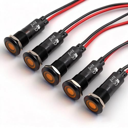 FILN 5PCS 12mm(1/2) Waterproof 5V 12V 24V LED Indicator Light Yellow Metal Signal Dash Pilot Light for Automotive Industrial Equipment(12V-24V Yellow LED Light