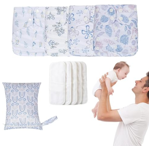 Babyblöjor i tyg, återanvändbara babyblöjor, återanvändbara justerbara tygblöjor, 4 x absorberande och andningsbara foder, vattentät filt med 4 insatser och 1 våtpåse för fyllning