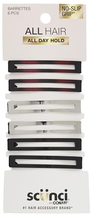 Scunci by Conair No-Slip Grip Stay Tight Barrettes - hair barrettes for women - hair accessories for women - Assorted Neutral Metallic Colors - 6 Count