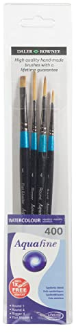 Daler-Rowney Aquafine akvarell mjuk syntetisk hårborste plånbok set, 4 blandade penslar med kort handtag (runda, riggare och platt skuggare), perfekt för professionella och nybörjarkonstnärer och
