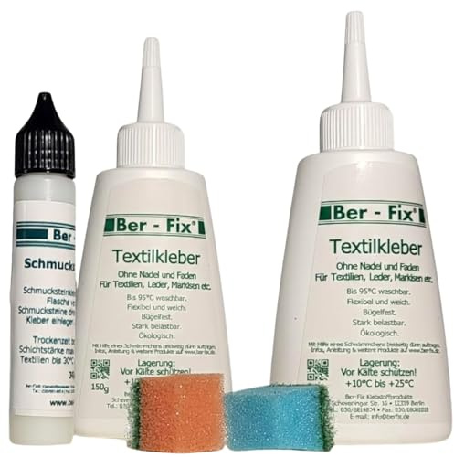 Ber-Fix Textilkleber Set 2x150g + 30g Schmucksteinkleber | Textilkleber-Set mit Schmucksteinkleber für Stoff, Leder, Filz, Dekorationen und flexible Bastel- oder Reparaturarbeiten.
