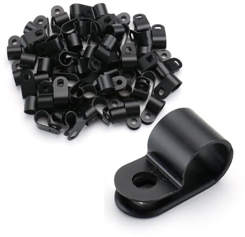 BAOMAIN Cable Clamps, R-Type 3/8 Inch Nylon Wire Management Clips, UC-2 Black Translucent Screw-On Cord Fasteners for Home, Office, and Industrial Wire Organizing 100-Pack