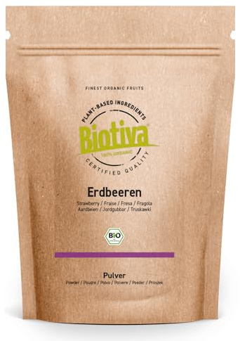 Biotiva Polvo de fresa orgánica liofilizado 90 g - Fragaria x ananassa - polvo de fruta - superfood - vegano, sin lactosa, sin soja - bolsa de almacenamiento con cierre