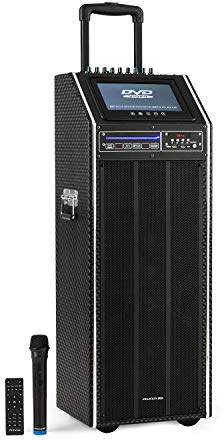 auna Pro DisGo Box 2100 DVD Mobile PA-Anlage, 300 W max., 9 (23 cm) TFT-Display, DVD-Player, 2 x 10 (25,5 cm) Subwoofer, Bluetooth-Funktion, XMR Bass Technology, drahtloses UHF-Mikrofone, anthrazit