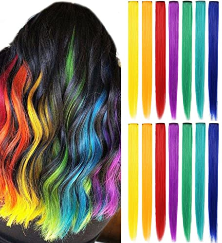 LSKJMO 14PCS 20'' Rainbow Hair Extensions for Woman Coloured Hair Extensions Clip in,Colorful Hairpieces Party Highlights Straight Synthetic Multiple Colors Wig Pieces for Women