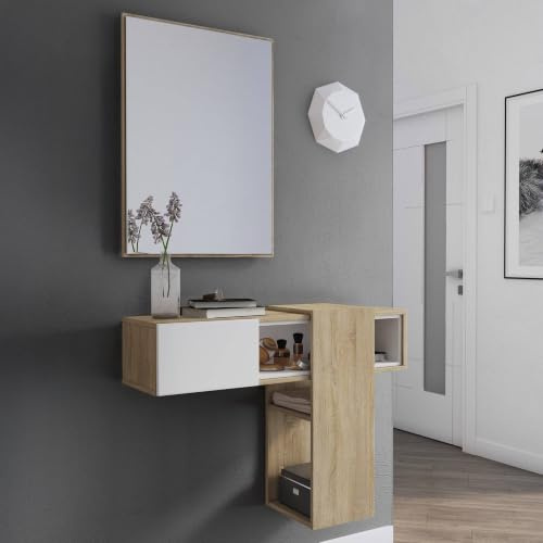 Dmora Eingangsmöbel mit Spiegel, Eingang für Flur mit Schublade und Regalen, Taschenleerer für kleine Wohnungen, 100x27h75 cm, Farbe Weiß und Eiche