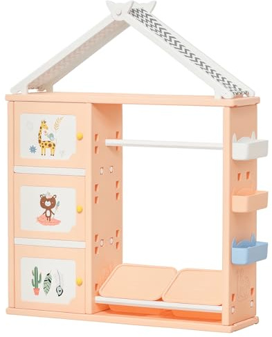 HOMCOM Armadio Cameretta, Mobile Portagiochi con Contenitori e Appendiabiti in PE Arancione, 128x34x155cm