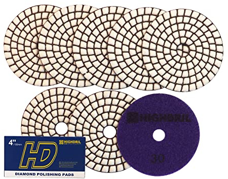 HIGHDRIL Almohadillas Pulido Diamante Seco - 8piezas #30 Almohadillas Lijado 100MM para Granito Piedra Mármol Suelo Grinder Pulir Almohadilla Kit para Taladro, Amoladora, Pulidora