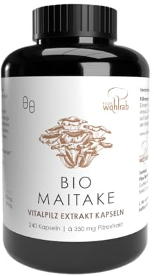 Pilze Wohlrab | Maitake Extrakt Kapseln BIO | 240 Kapseln | Vitalpilze Extrakt | 350 mg Klapperschwamm Extrakt je Kapsel | mit Acerola Vitamin C | 1 Dose | Nahrungsergänzungsmittel