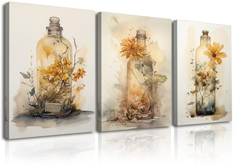 Piy Painting Cuadro Moderno, Flores en Jarrones Cuadros De Lienzo, Vintage Impresiones Murales, Lienzos Decorativos Con Marco Interior 30x40cm, Cuadros Para Pasillo Baño Sala De Yoga 3 unids/set