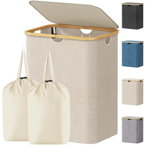 Lifewit 120L Laundry Basket with Lid, Double Dirty Clothes Bin with Bamboo Handles and 2 Removable Bags, Large Foldable Washing Basket for Bedroom, Bathroom, Dorm, Laundry Room, Beige