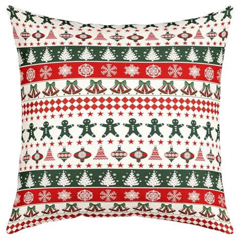 richhome Frohe Weihnachten Kissenbezug 55x55 Einzelpack, Bäume Glocken Lebkuchen Mann Kissenbezug für Patio Zelt Balkon, Rot Grün Glückliches Neues Jahr Kissenbezug im Freien Kissenbezug