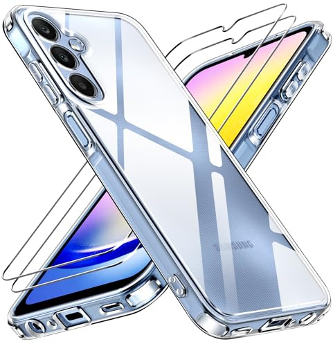 ivoler Nie Vergilbung Klar Hülle für Samsung Galaxy A25 5G, 1 Handyhülle mit 2 Stück Panzer Schutz Glas, [Militärischer Schutz] Stoßfest Transparent Schutzhülle Dünn Durchsichtige Case