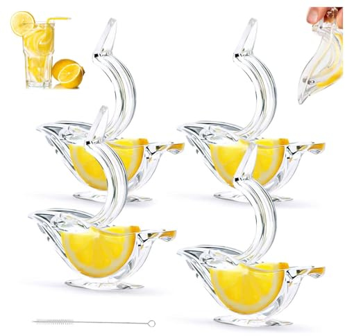 MUNSKT 4 Pack Manual Lemon Squeezers with Cleaning Brush, Acrylic Slice Fruit Juicer for Orange Lemon Lime Pomegranate, Transparent Portable Bird Shape, Kitchen Restaurant Supplies