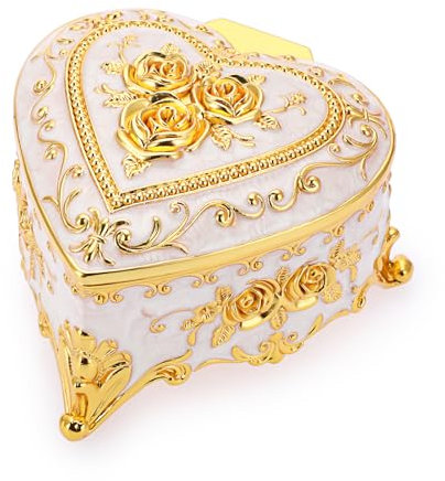 SUMTree Vintage Schmuckkästen Deckel Metall Milchweiß Goldenblumeform Schmuckbox Schmuckkiste Schmuckkoffer Ring Armband Ohrringe Damen Geschenk Weichnachten Geburtstag Herzförmig