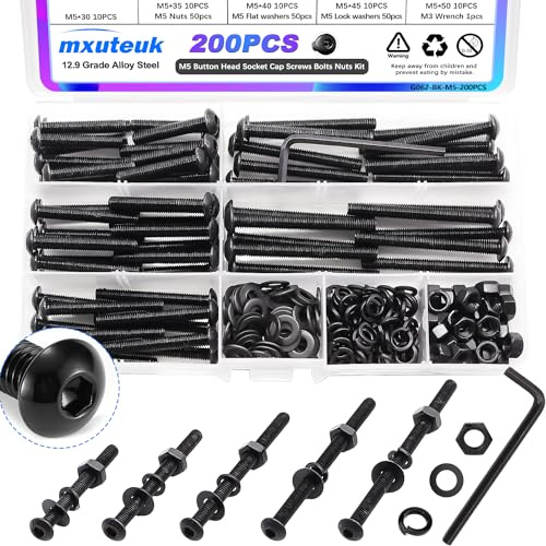 mxuteuk M5 Screws Assortment Set,M5 x 30/35/40/45/50mm Button Head Socket Cap Metric Screws Bolts Nuts Kit,10.9 Grade Alloy Steel M5 Bolts with Hex Wrench (200PCS)