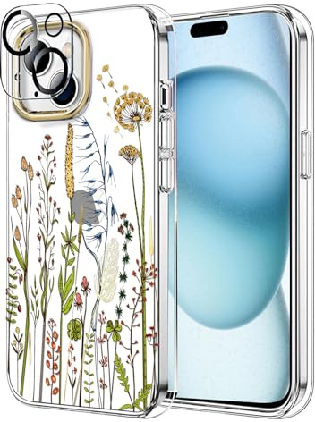 luolnh Compatible with iPhone 15 Plus Case with Wrist Strap,for Women Girls,Shockproof Clear Floral Pattern Hard Back Cover for iPhone 15 Plus 6.7 inch 2023 -Barley Flower