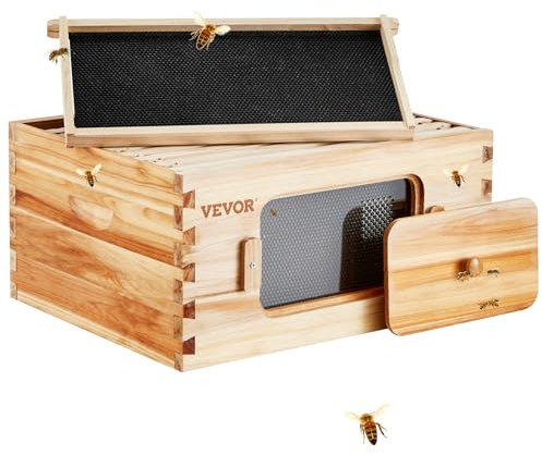 VEVOR Bienenstock-Starterset mit tiefer Box, 100 % mit Bienenwachs beschichtetes natürliches Zedernholz, Zander Beute mit 10 Rahmen und Fundamenten, transparente Bienenfenster aus Acryl