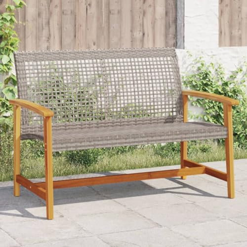 Homgoday Gartenbank Grau 112 cm aus Polyrattan und Akazienholz, Bank für Balkon, robuste Bank für die Eingangsterrasse, Gartenbank,